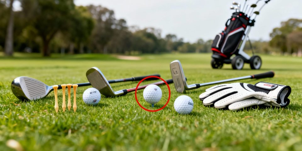 Matériel de golf abordable en vedette, sac et chariot de golf discret en arrière-plan