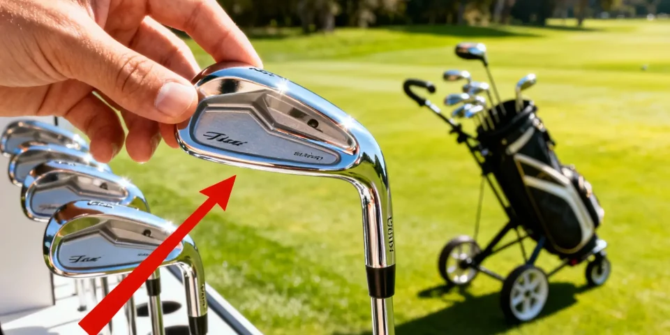 Main choisit un club de golf neuf mis en valeur, chariot en arrière-plan sur un green