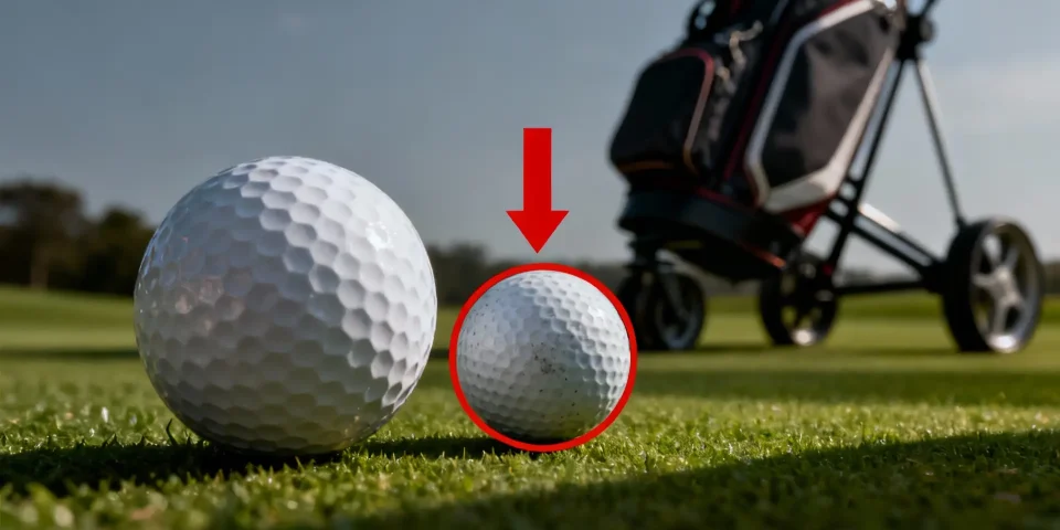 Deux balles de golf contrastées mises en avant, chariot de golf en arrière-plan, flèche rouge