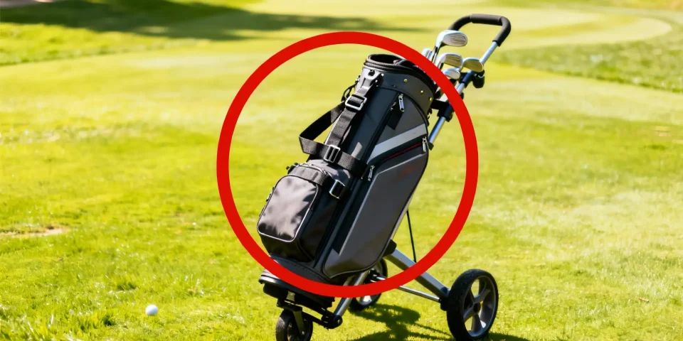 Sac de golf haut de gamme fixé sur chariot, cercle rouge sur le sac, parcours verdoyant