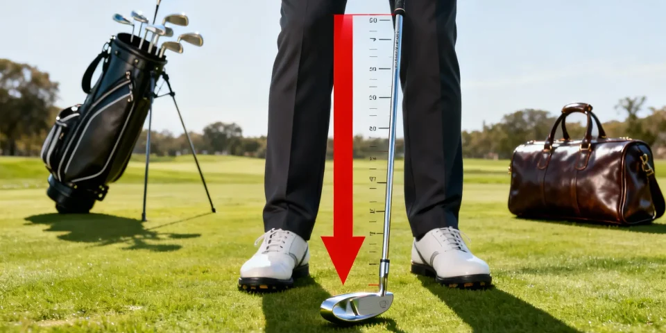 Golfeur mesurant un putter, flèche rouge sur la longueur, chariot de golf en arrière-plan
