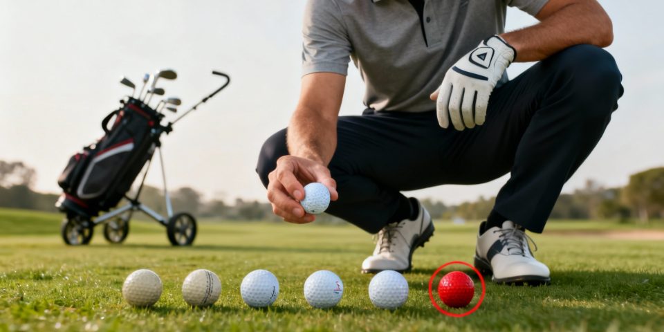 Balles de golf variées, flèche rouge sur la meilleure, chariot de golf flou derrière