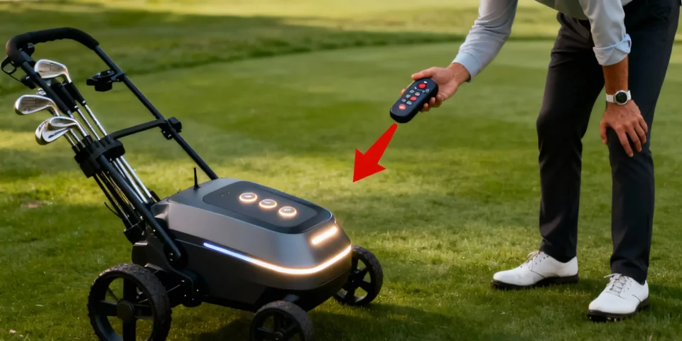 Golfeur observant un chariot de golf téléguidé, flèche sur la télécommande, parcours vert