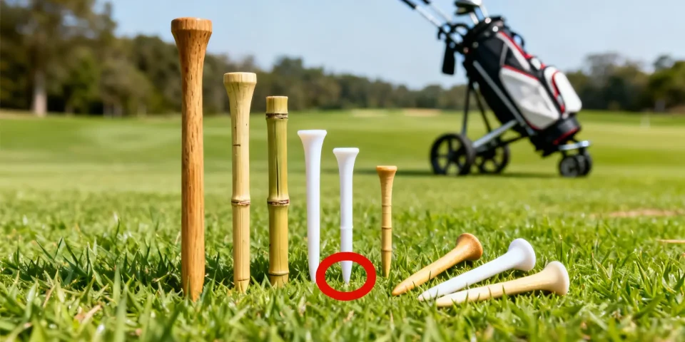 Divers tees de golf pour driver sur gazon, cercle rouge, chariot de golf en fond