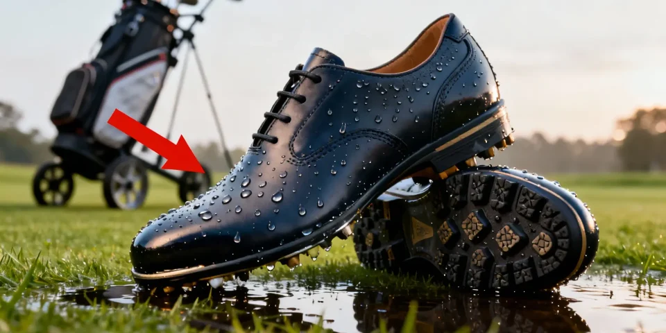 Chaussures de golf imperméables en gros plan sur herbe humide, chariot en arrière-plan