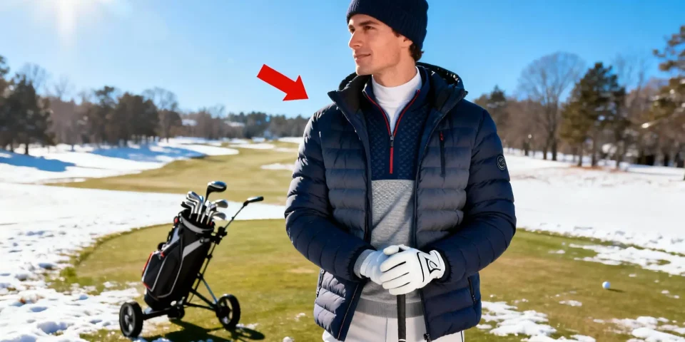 Golfeur élégant en tenue d’hiver mettant l’accent sur l’habillement, chariot en arrière-plan