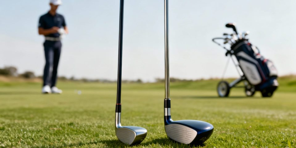 Golfeur comparant deux clubs de tailles différentes, chariot de golf en fond discret