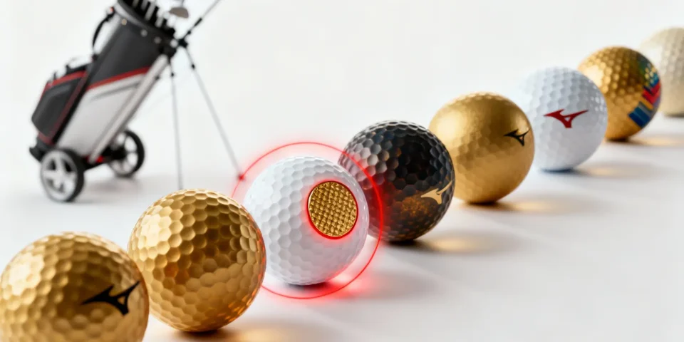 Balles de golf variées mises en avant, détail en surbrillance, chariot de golf flou derrière
