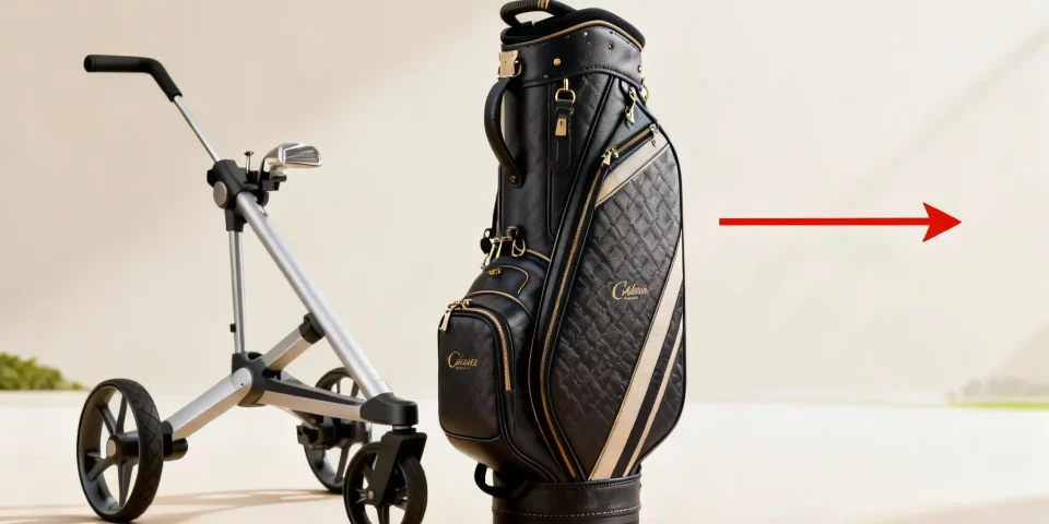Sac de golf premium mis en avant, flèche rouge, avec chariot de golf élégant en arrière-plan