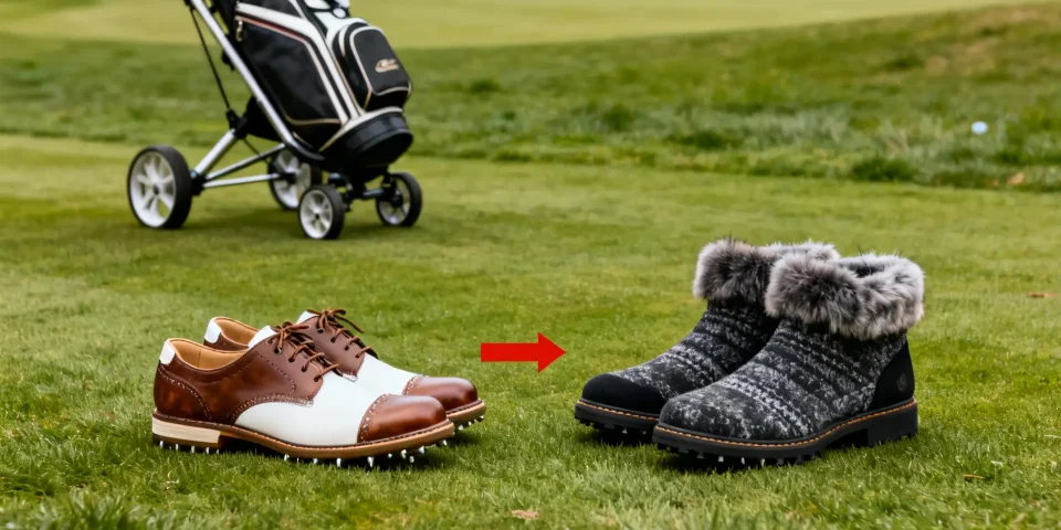Deux paires de chaussures golf, été et hiver, comparées avec chariot de golf à l’arrière-plan