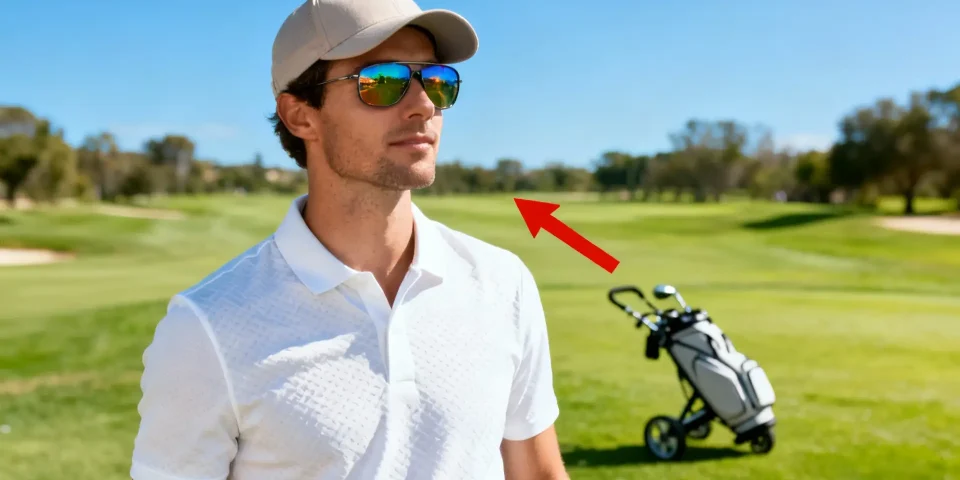 Golfeur élégant sous le soleil, portant des vêtements légers, chariot en arrière-plan