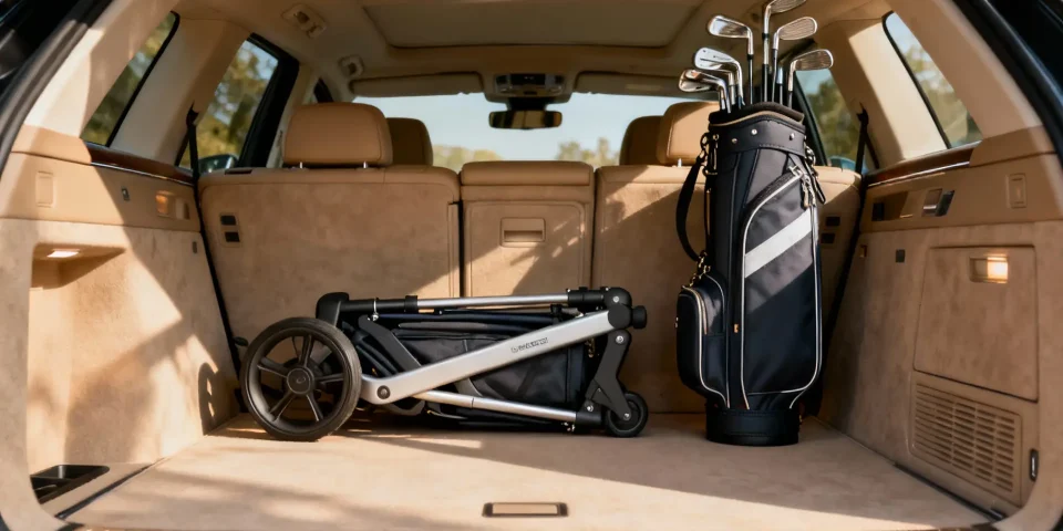 Coffre de voiture organisé avec chariot de golf plié et sac de golf, ambiance premium