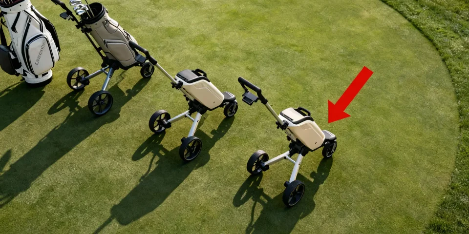 Plusieurs chariots de golf élégants sur green, flèche sur le plus silencieux en évidence