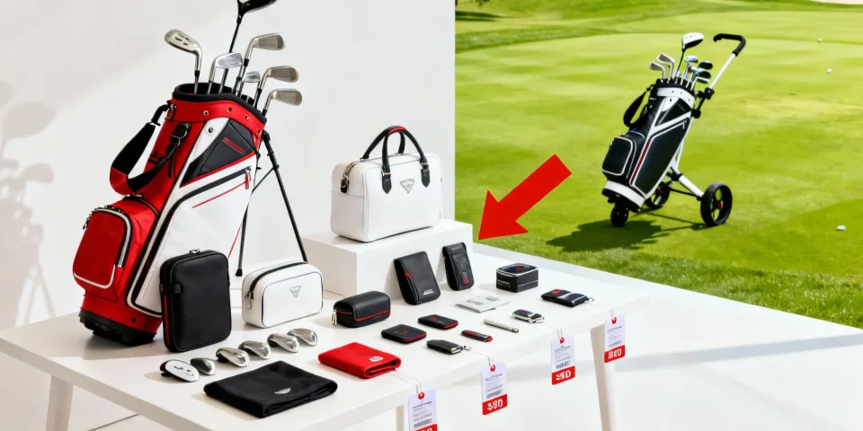 Équipement de golf réaliste avec flèches rouges, chariot en arrière-plan sur terrain vert