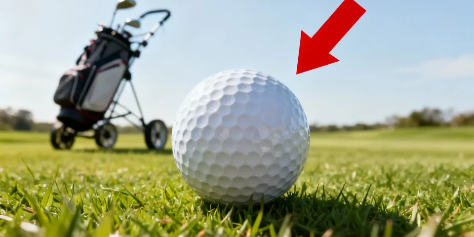 Gros plan sur une balle de golf officielle, flèche rouge et chariot de golf en arrière-plan