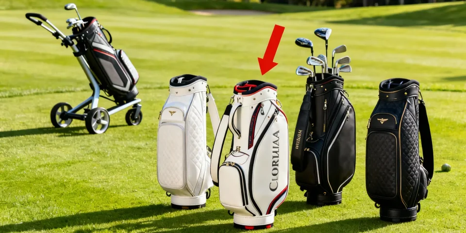 Différents sacs de golf élégants avec chariot en arrière-plan sur un green lumineux