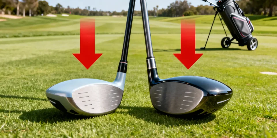 Comparaison réaliste entre deux drivers de golf avec chariot en fond sur un parcours lumineux