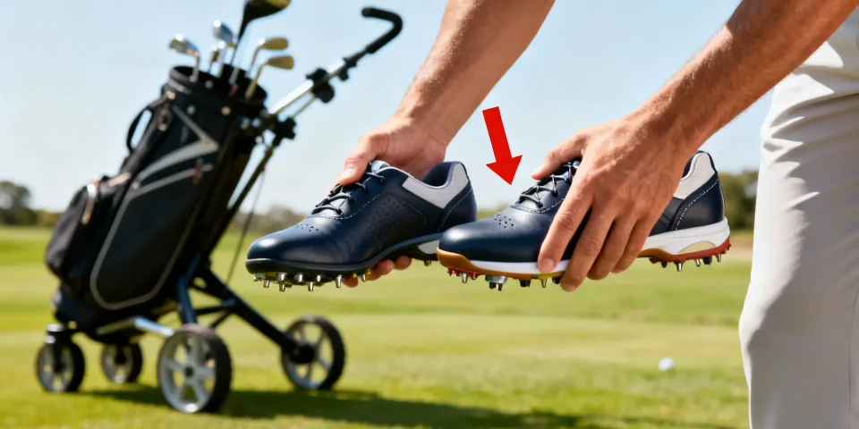 Golf shoes de différentes tailles avec flèche rouge et chariot de golf en arrière-plan