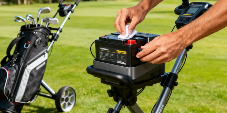 Entretien réaliste d’une batterie de chariot de golf avec chariot en arrière-plan