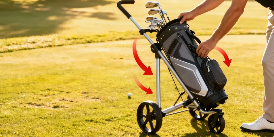 Mains pliant un chariot de golf, flèches rouges, sac de golf moderne, ambiance claire
