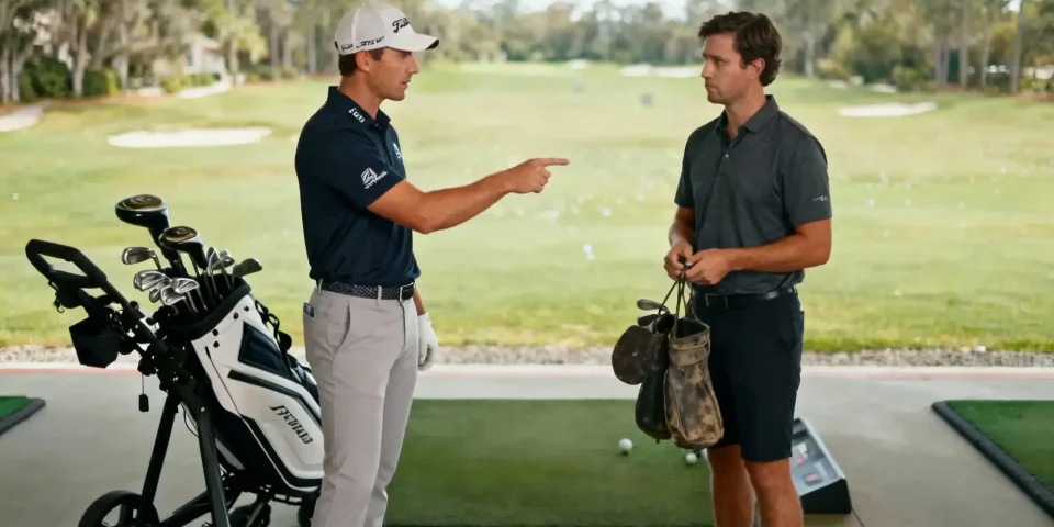 Pro du golf coachant un débutant