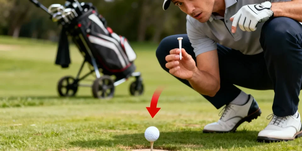 Golfeur montrant un tee de golf avec chariot flouté en arrière-plan