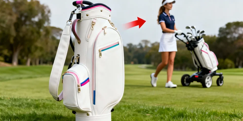 Sac de golf féminin mis en valeur avec golfeuse et chariot floutés derrière